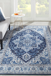 Karachi KAR-8 Blue Printed Area Rug with Non-Slip Backing